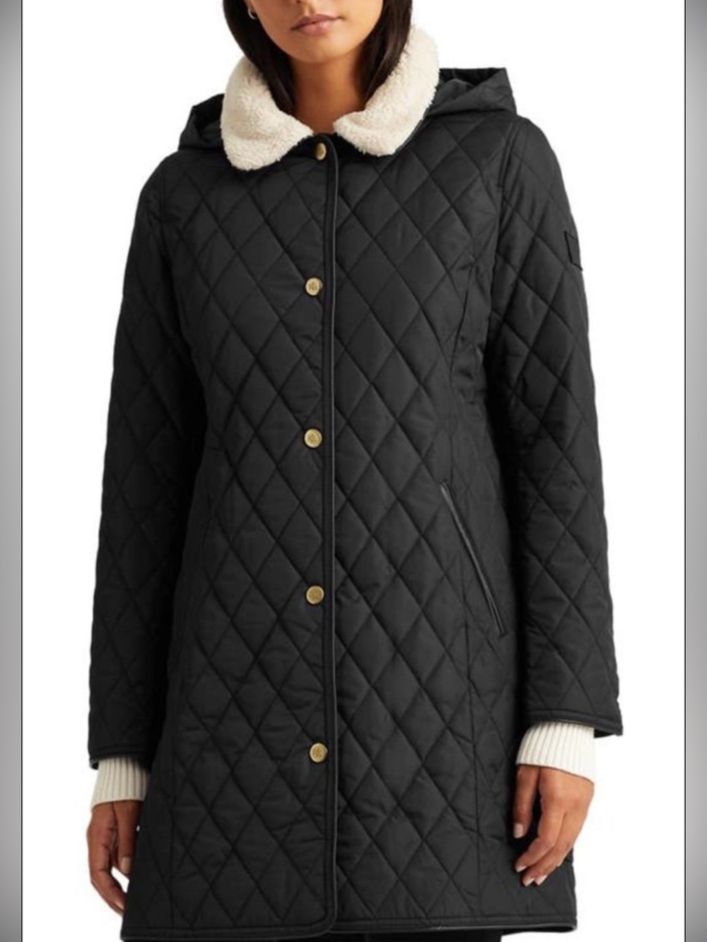Ralph Lauren Women Size M Faux Leather Trim Quilted Litchfield Loden Hood Coat